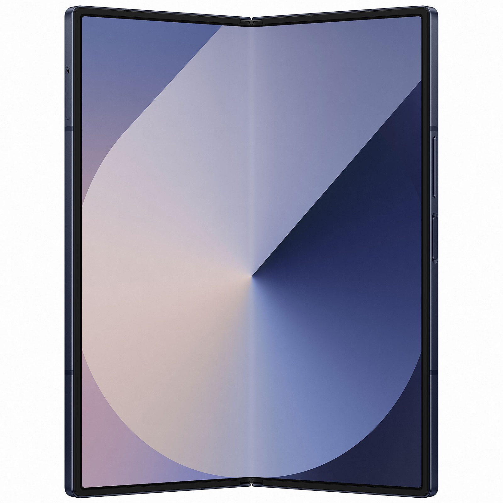 Uno smartphone pieghevole blu mostra uno sfondo astratto sul suo schermo.