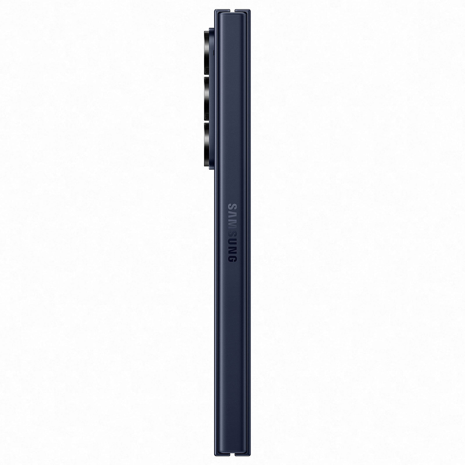 Uno smartphone blu scuro chiuso con fotocamere sul lato sinistro.