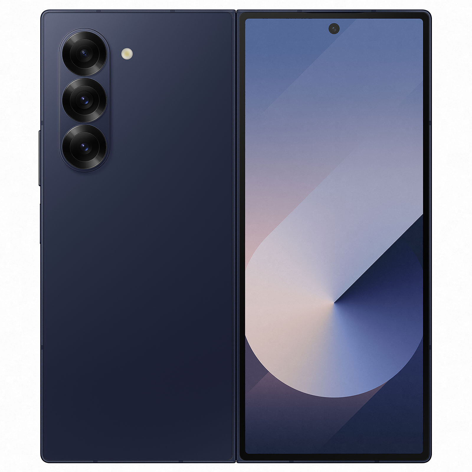 Uno smartphone pieghevole blu, il retro mostra tre fotocamere, il fronte uno schermo luminoso.