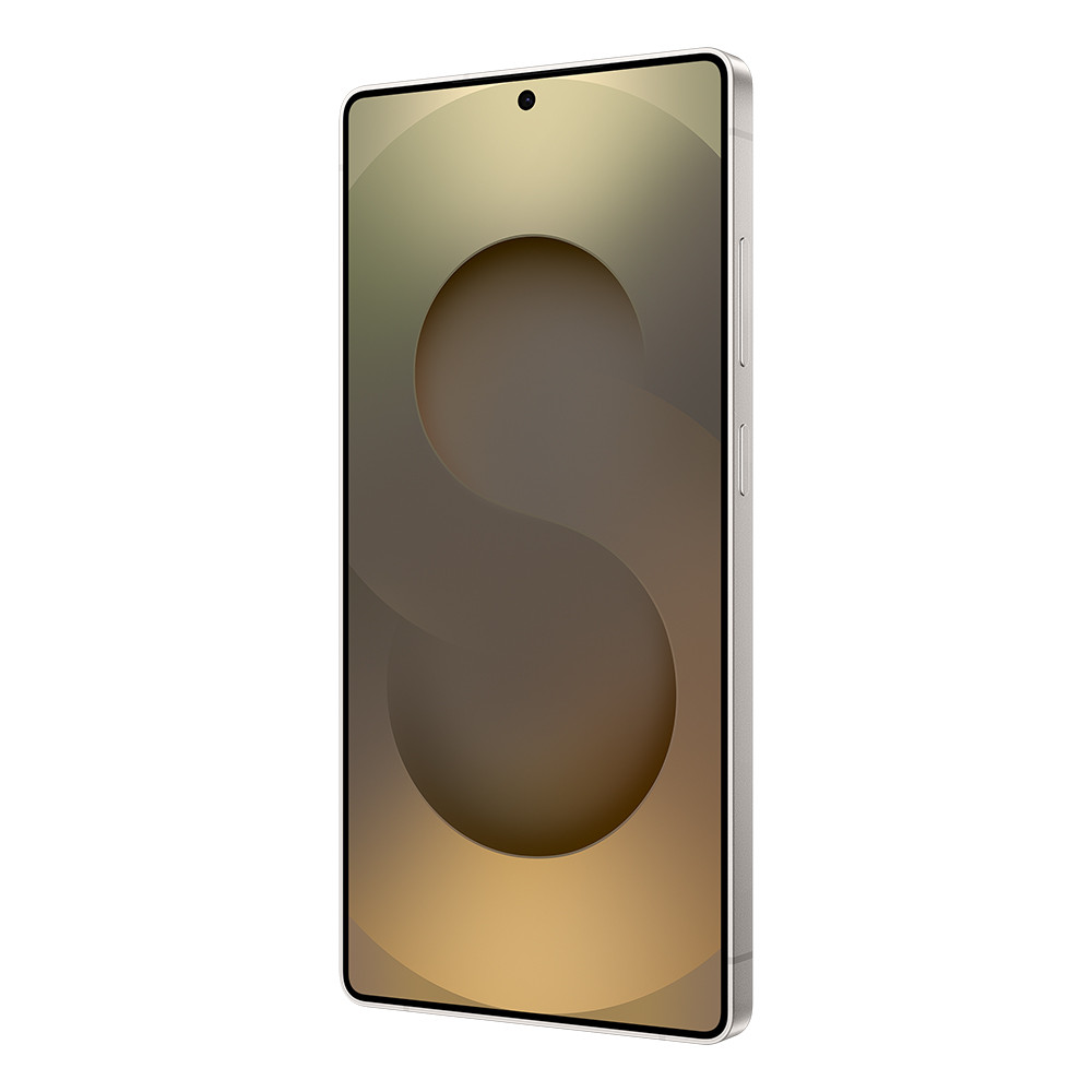 Uno smartphone argentato con design minimalista dello schermo che presenta una grande forma astratta a 'S'.