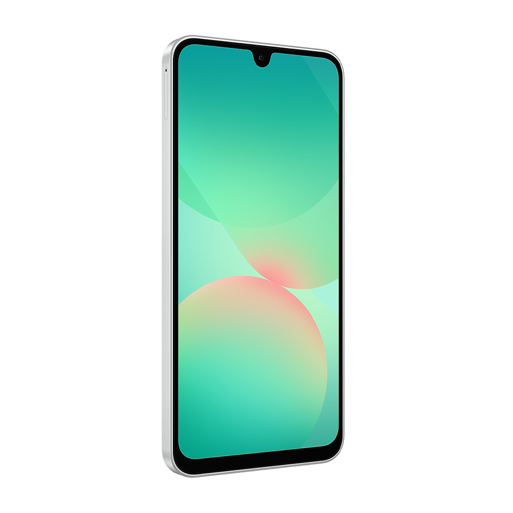 Uno smartphone argentato con schermo sfumato turchese e cerchi.