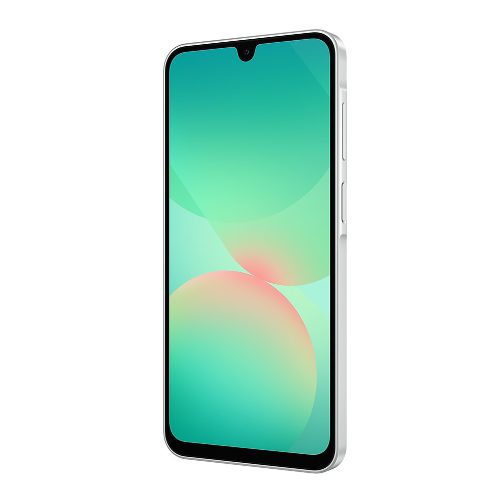 Uno smartphone argentato con sfondo verde acqua e due cerchi sovrapposti.