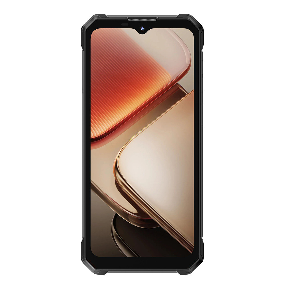 Uno smartphone nero che visualizza uno sfondo astratto arancione e oro sullo schermo.
