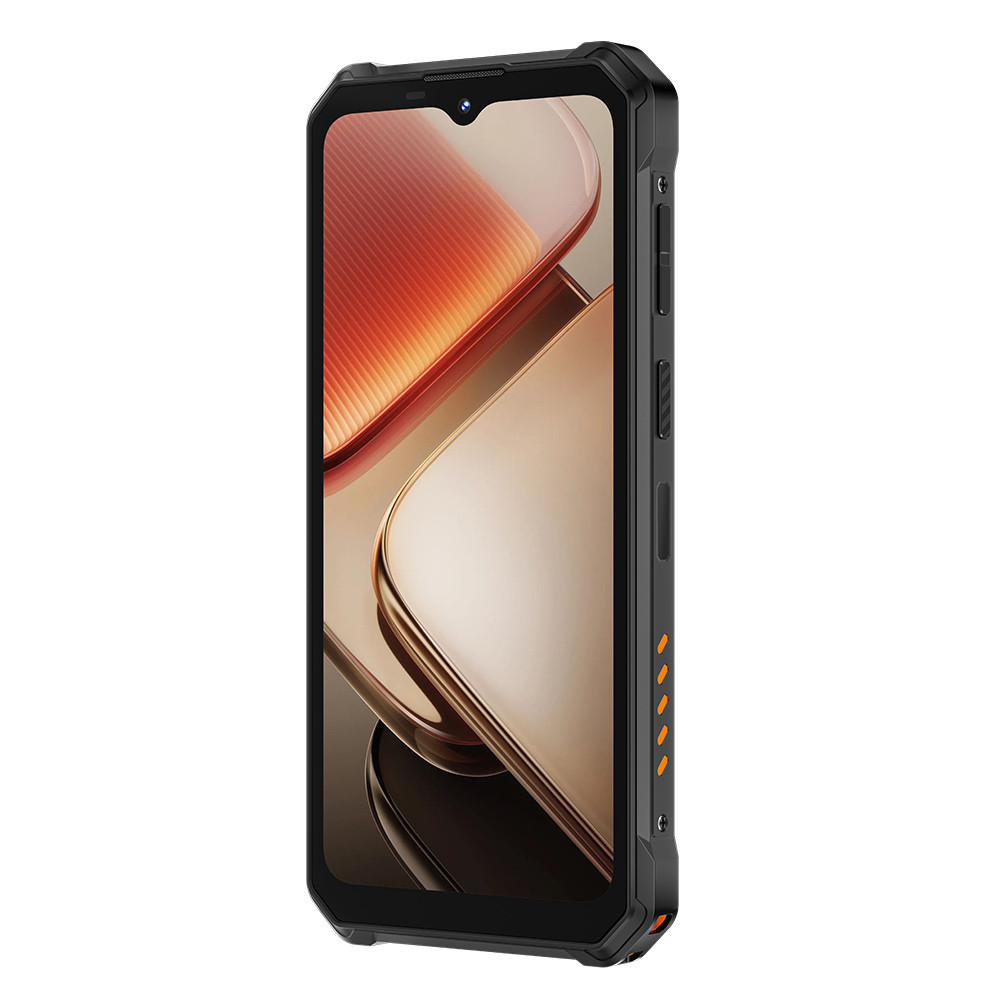 Uno smartphone nero robusto con un grande schermo che visualizza un'immagine astratta.
