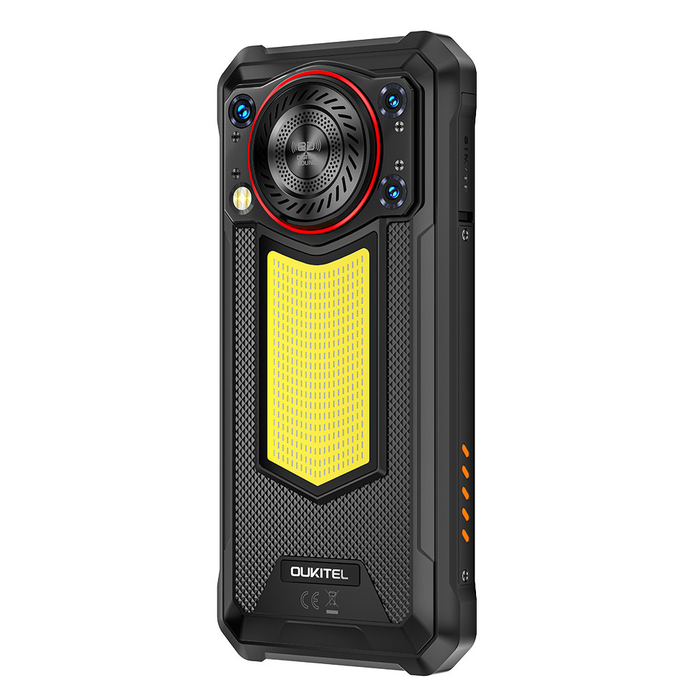 Robusto smartphone nero con accenti gialli e configurazione fotocamera posteriore.
