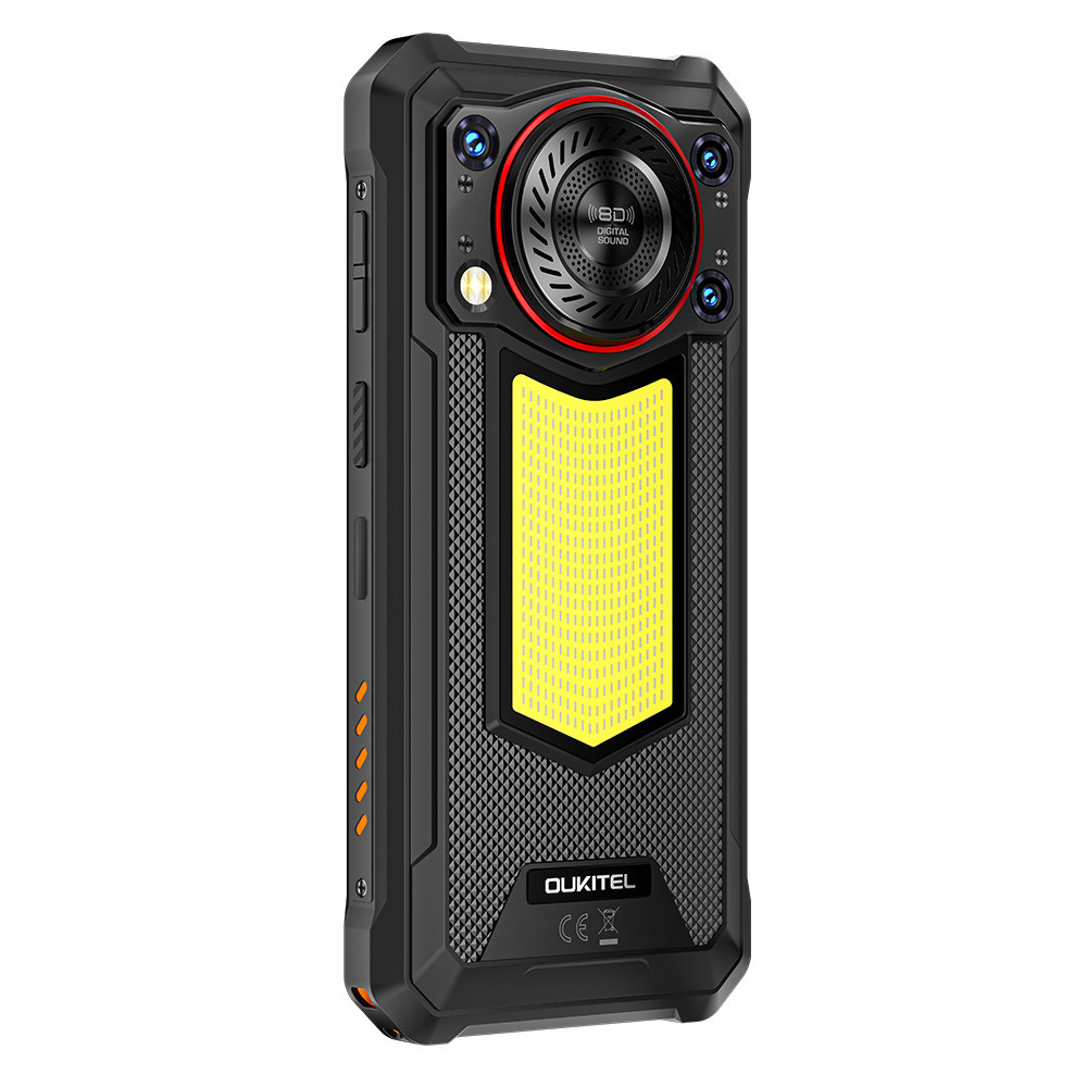 Smartphone robusto nero con fotocamera prominente e ampio pannello luminoso giallo sul retro.