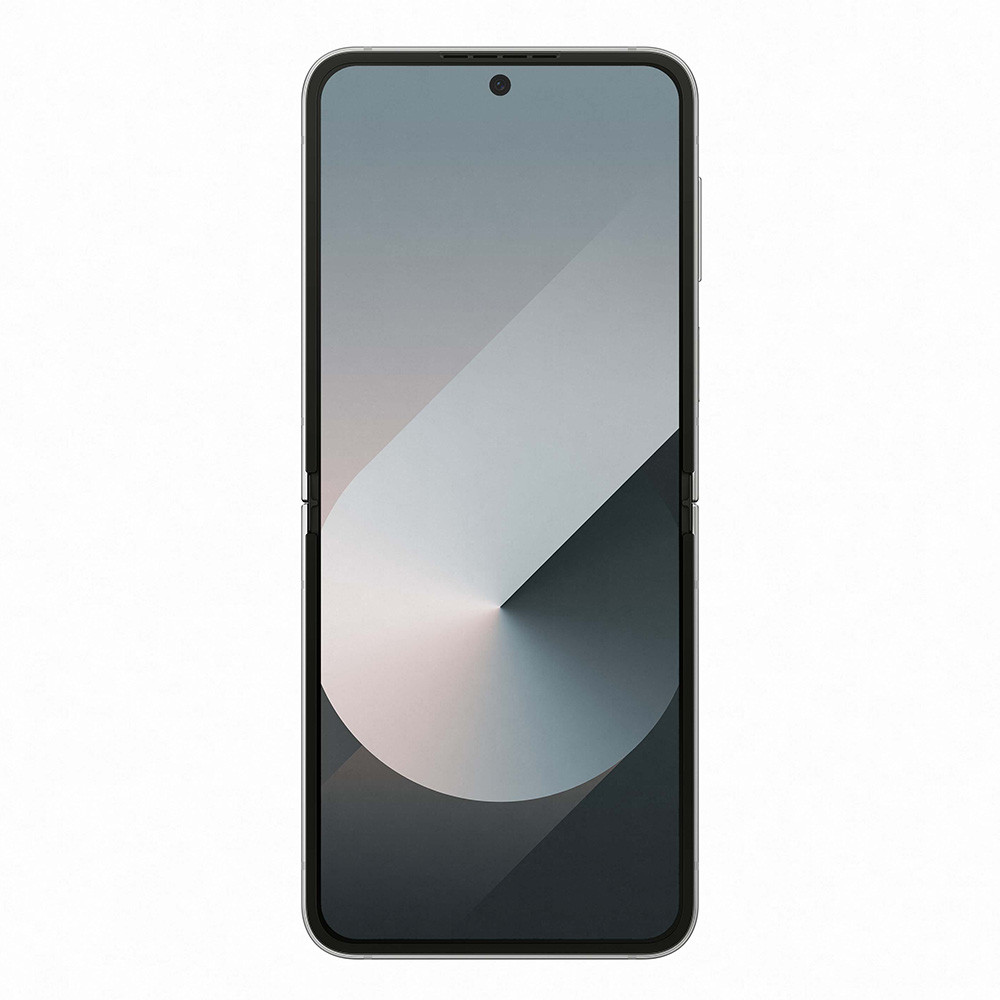 Uno smartphone chiuso con cornice argentata e display astratto grigio/bianco.