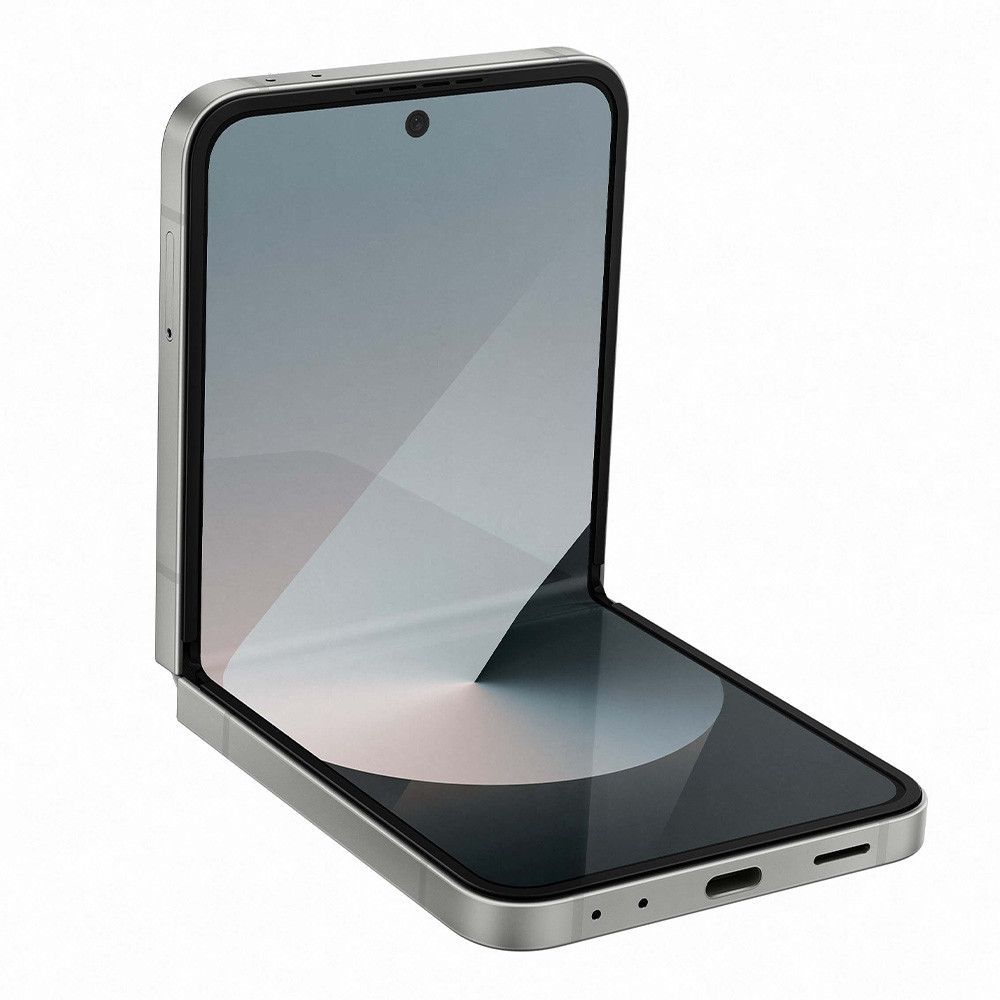 Un telefono flip argentato, parzialmente aperto, con schermo scuro e illuminato.