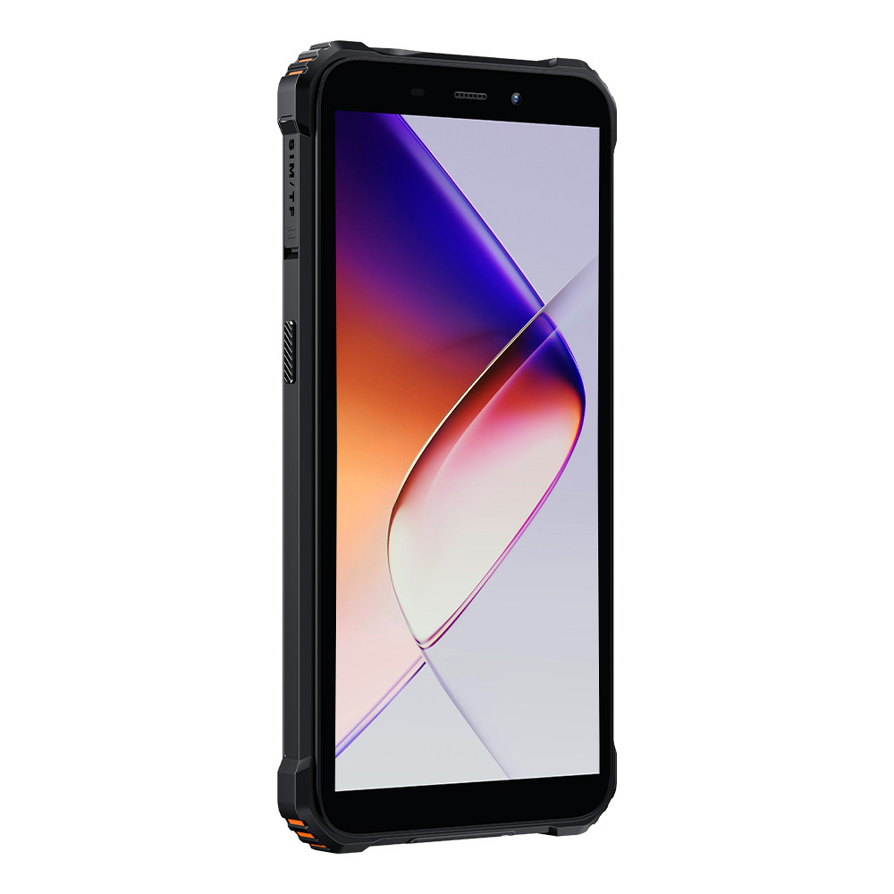 Uno smartphone robusto nero con accenti arancioni su sfondo bianco.