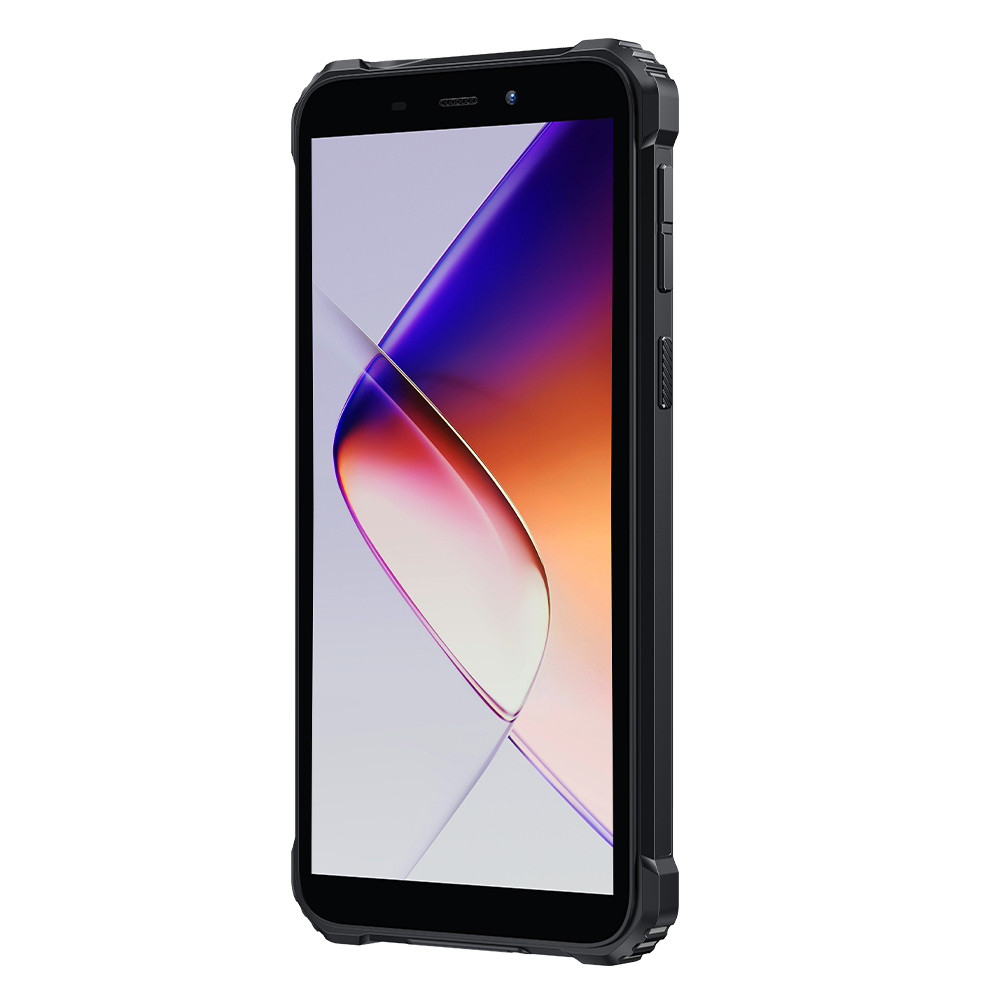Uno smartphone nero con custodia robusta, che mostra uno sfondo colorato.