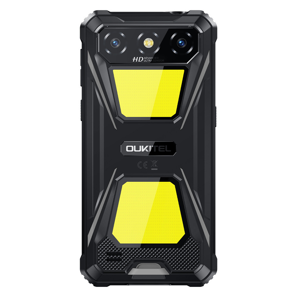 Robusto smartphone nero con due luci gialle e tre fotocamere.