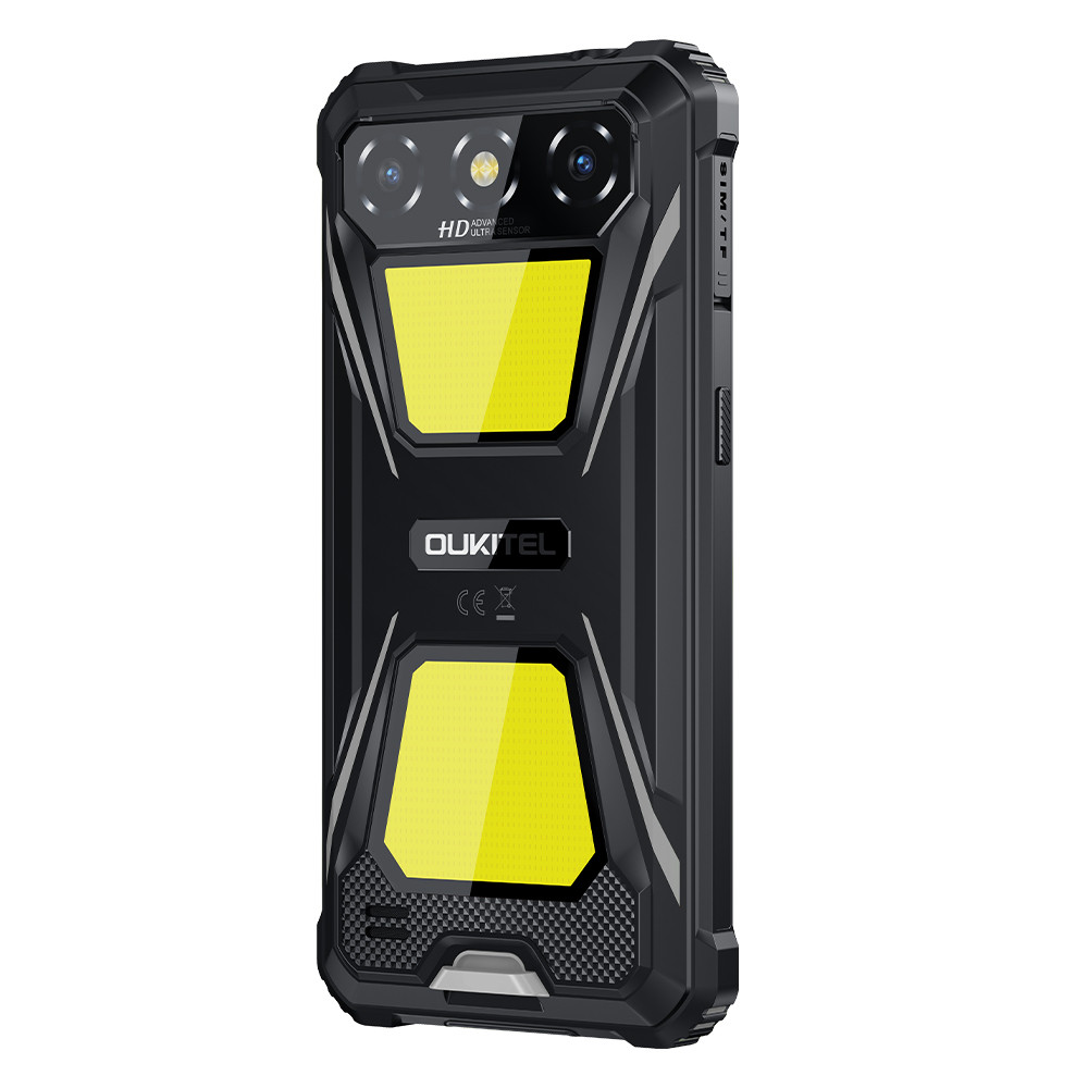 Uno smartphone nero robusto con due accenti gialli e fotocamere.