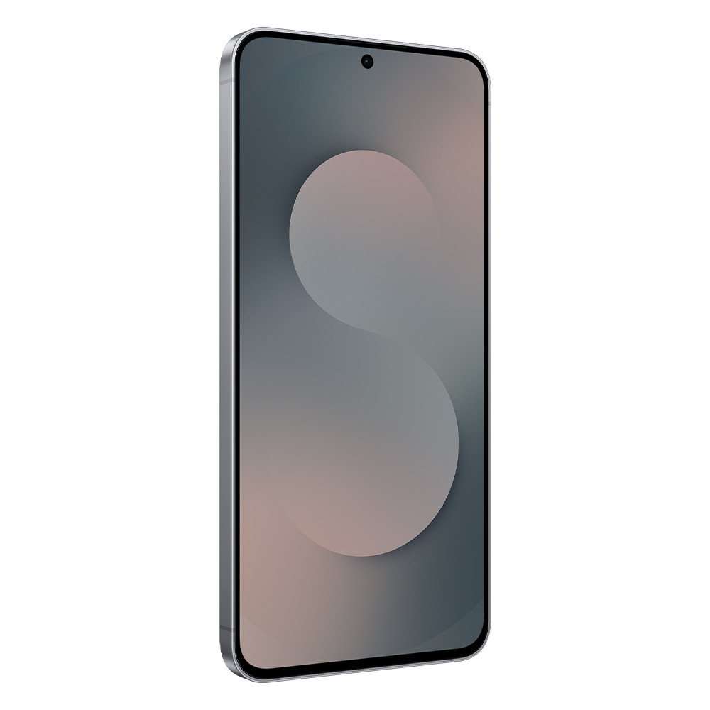 Uno smartphone elegante con cornice argentata, con uno sfondo sfumato grigio.