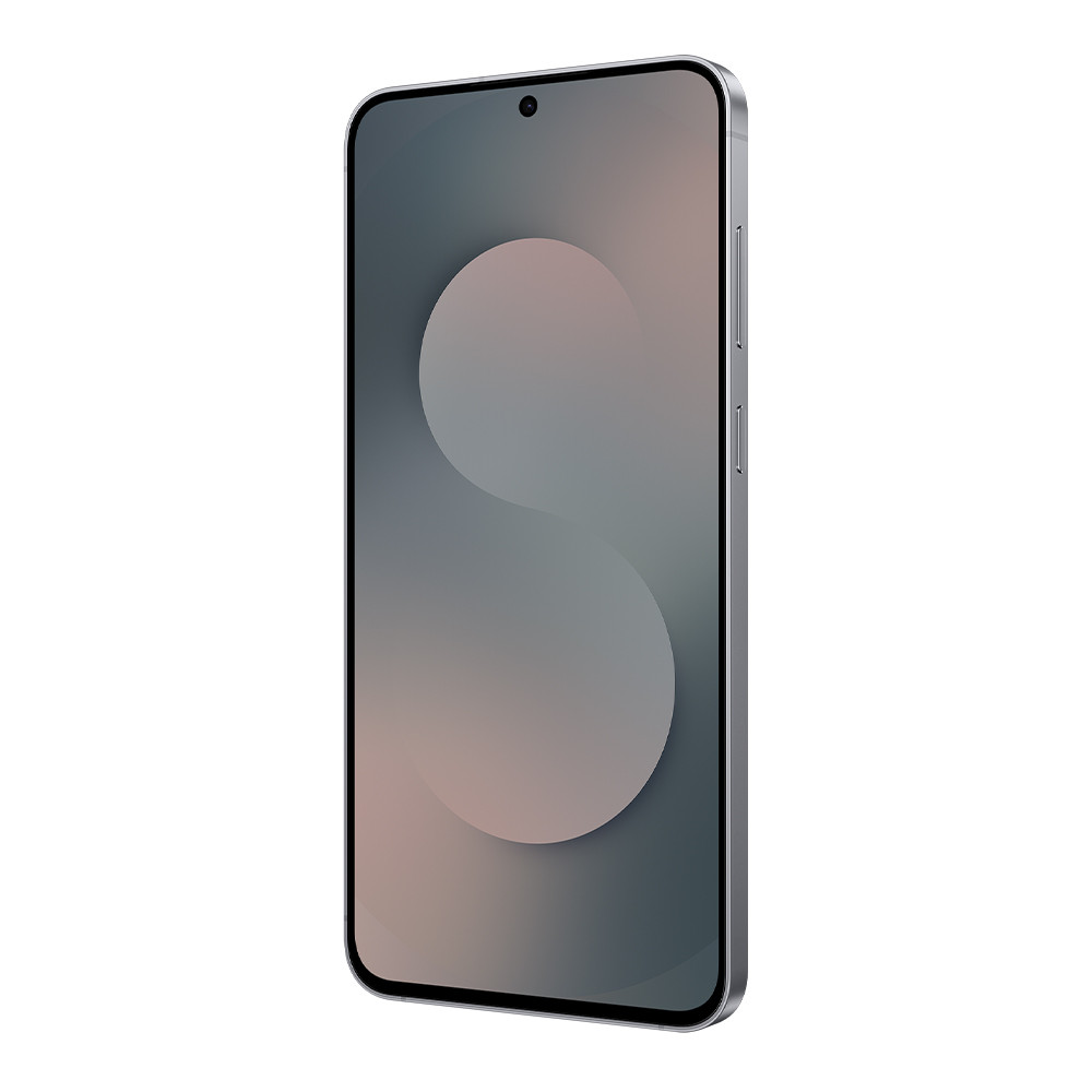 Uno smartphone grigio con angoli arrotondati e foro per la fotocamera.