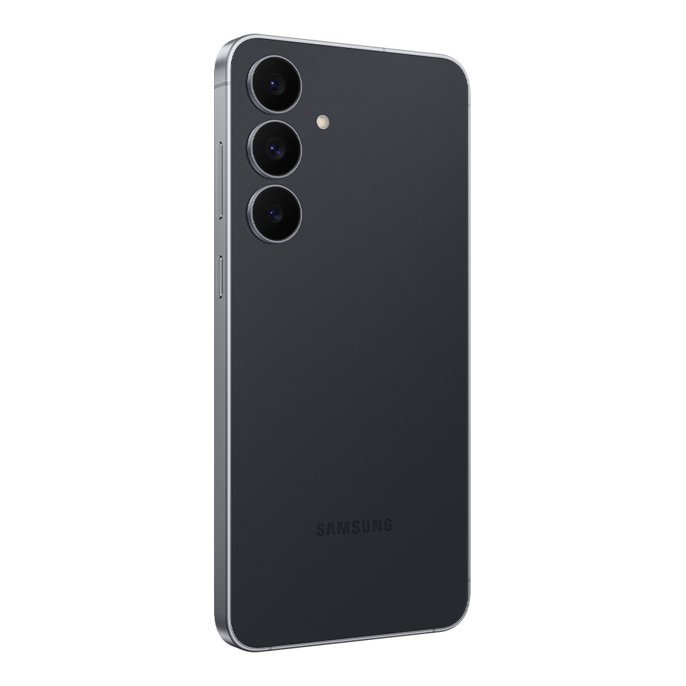 Smartphone grigio scuro con tre fotocamere e cornice argentata, su sfondo bianco.