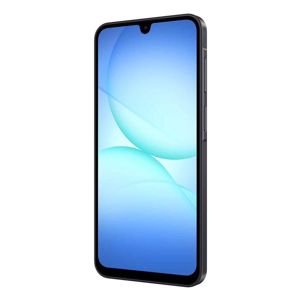 Uno smartphone scuro con uno sfondo blu e azzurro.