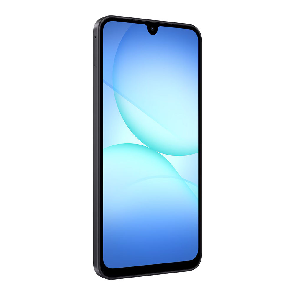 Uno smartphone nero con notch a goccia e uno sfondo astratto blu e azzurro.