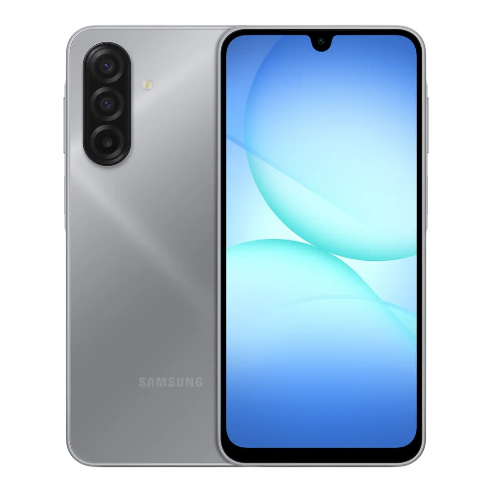 Smartphone Samsung argento con tre fotocamere posteriori e schermo blu.