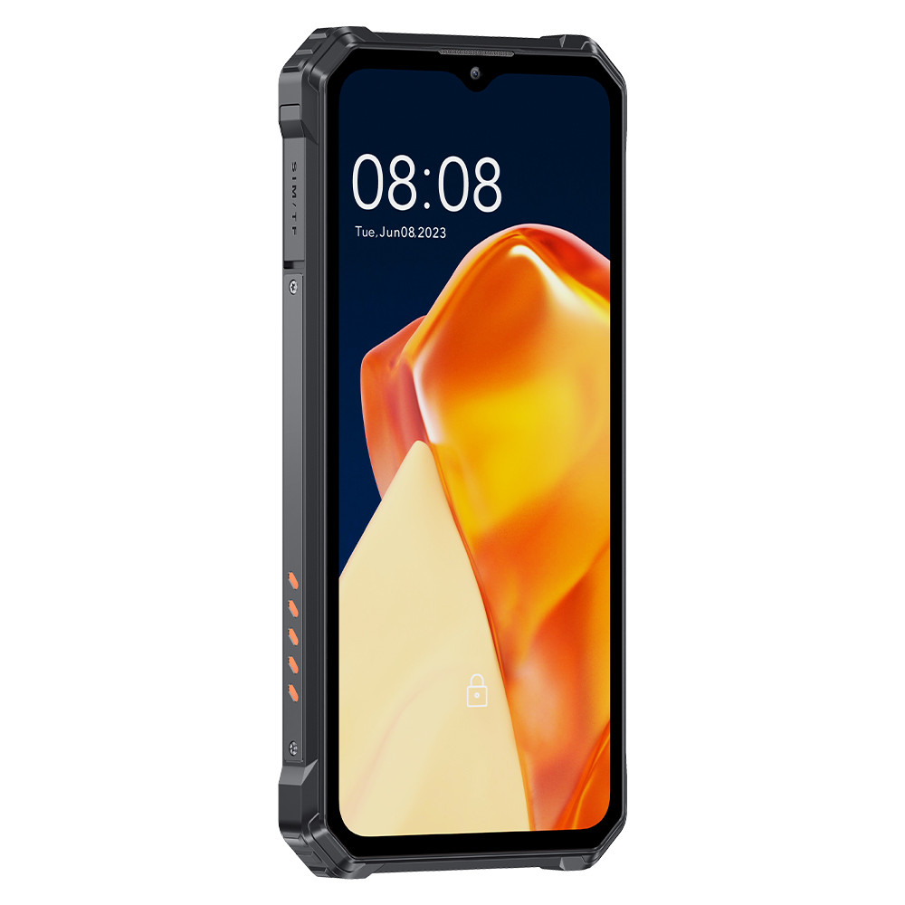 Ein robustes Smartphone mit schwarzem Gehäuse und einem Sperrbildschirm, der 08:08 Uhr anzeigt.