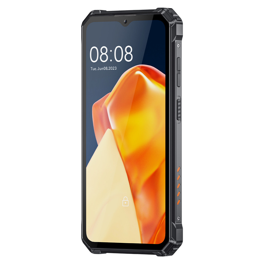 Ein robustes Smartphone mit schwarzem Gehäuse und orangefarbenen Akzenten.