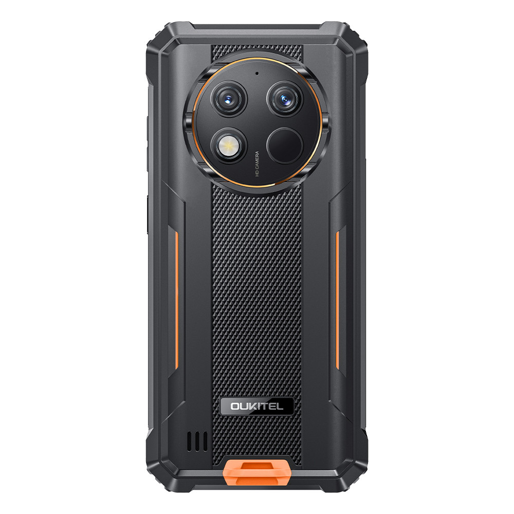 Robustes Smartphone mit vierfacher Rückkamera und orangen Akzenten.