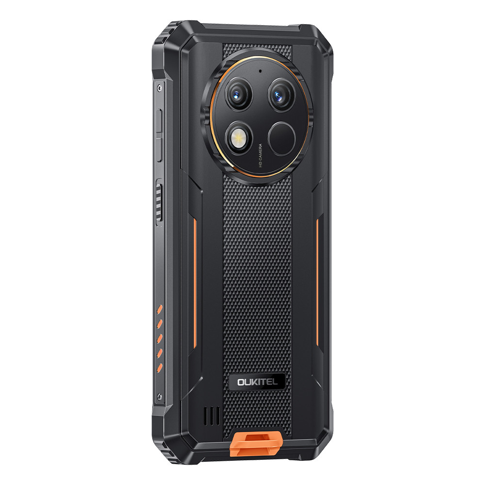 Robustes schwarzes Smartphone mit drei Kameras und orangen Akzenten, OUKITEL-Logo.