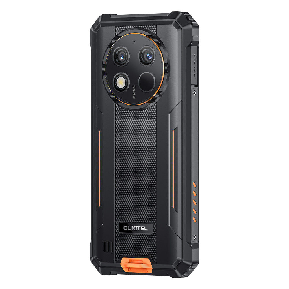 Rückseite eines robusten schwarzen Smartphones mit drei Kameras und orangefarbenen Akzenten.