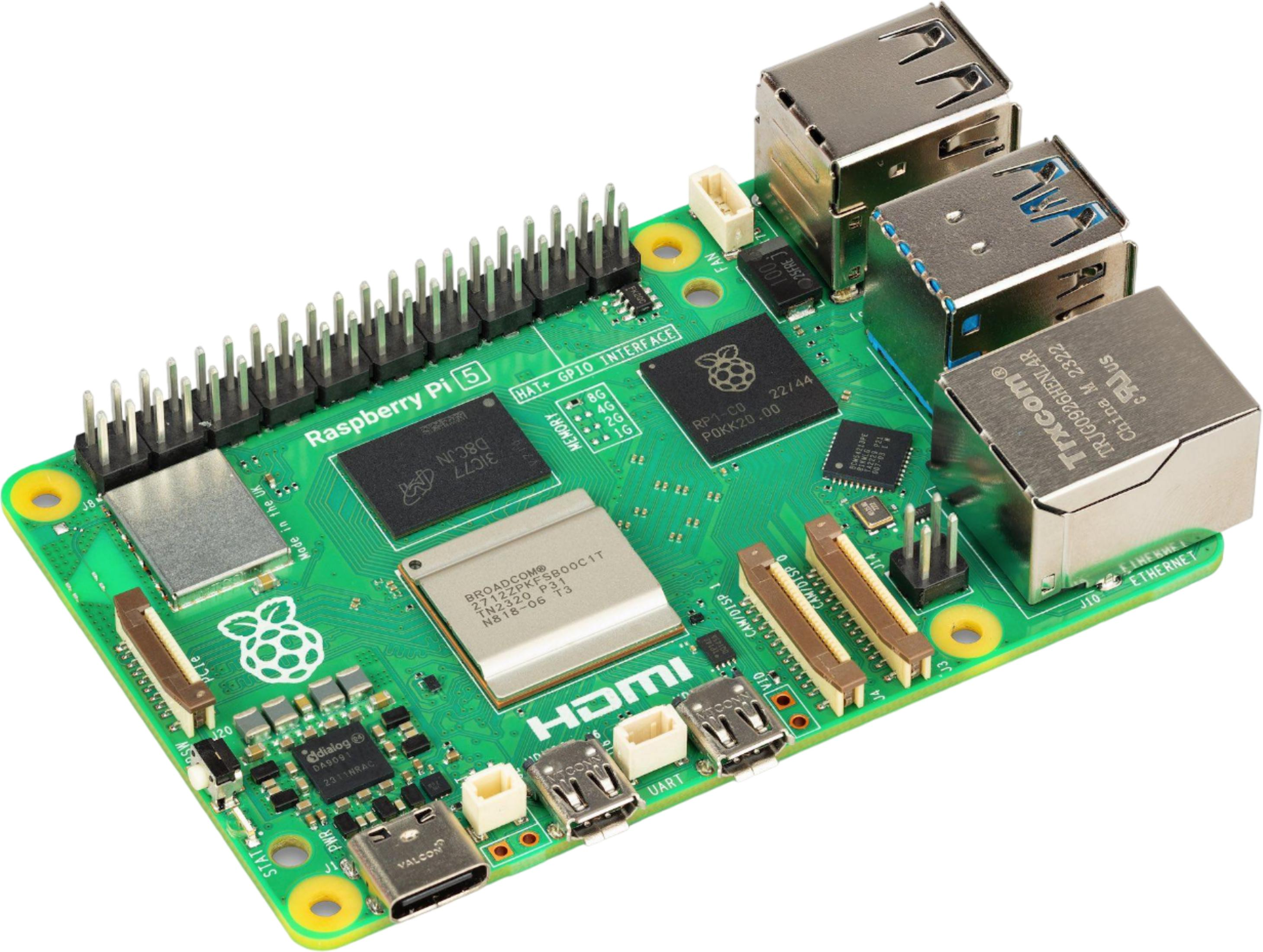 Una scheda Raspberry Pi 5 verde con porte e chip.