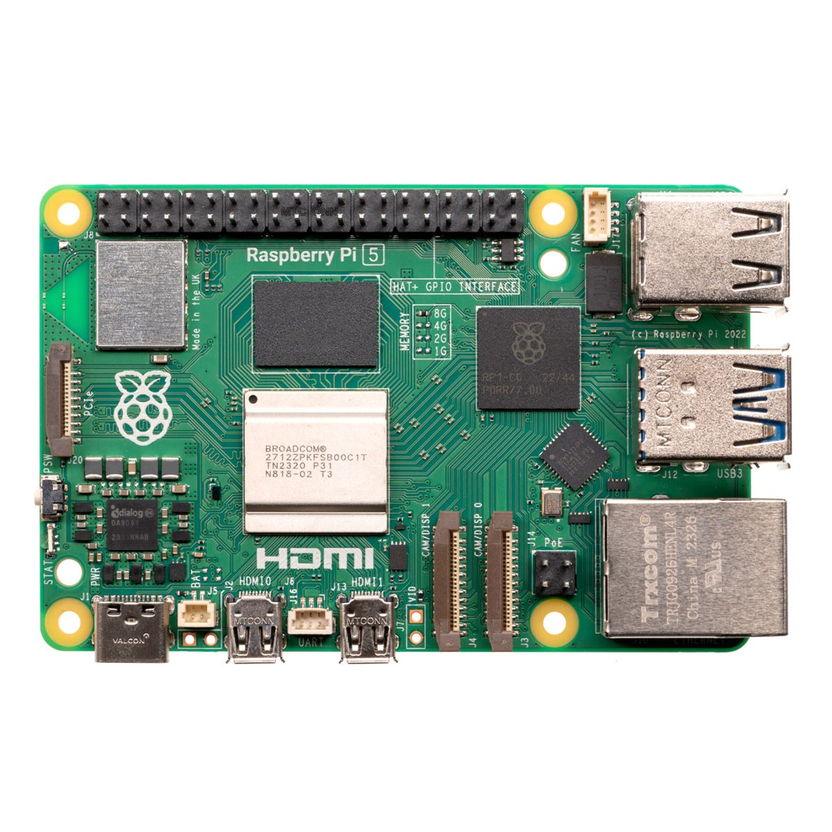 Scheda circuitale Raspberry Pi 5 verde con porte, chip ed etichette.