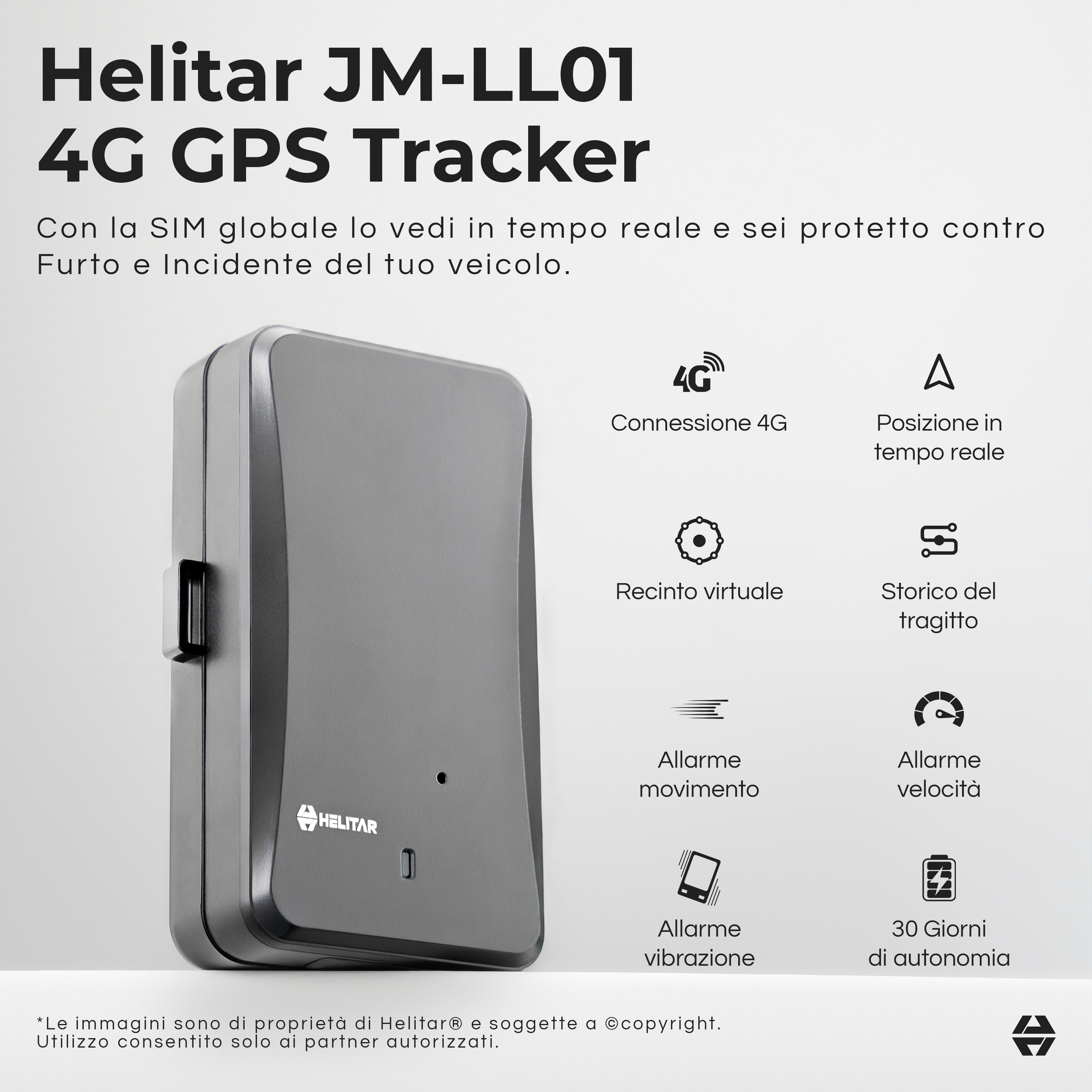 Tracker GPS 4G Helitar grigio con funzioni di localizzazione in tempo reale e allarmi.