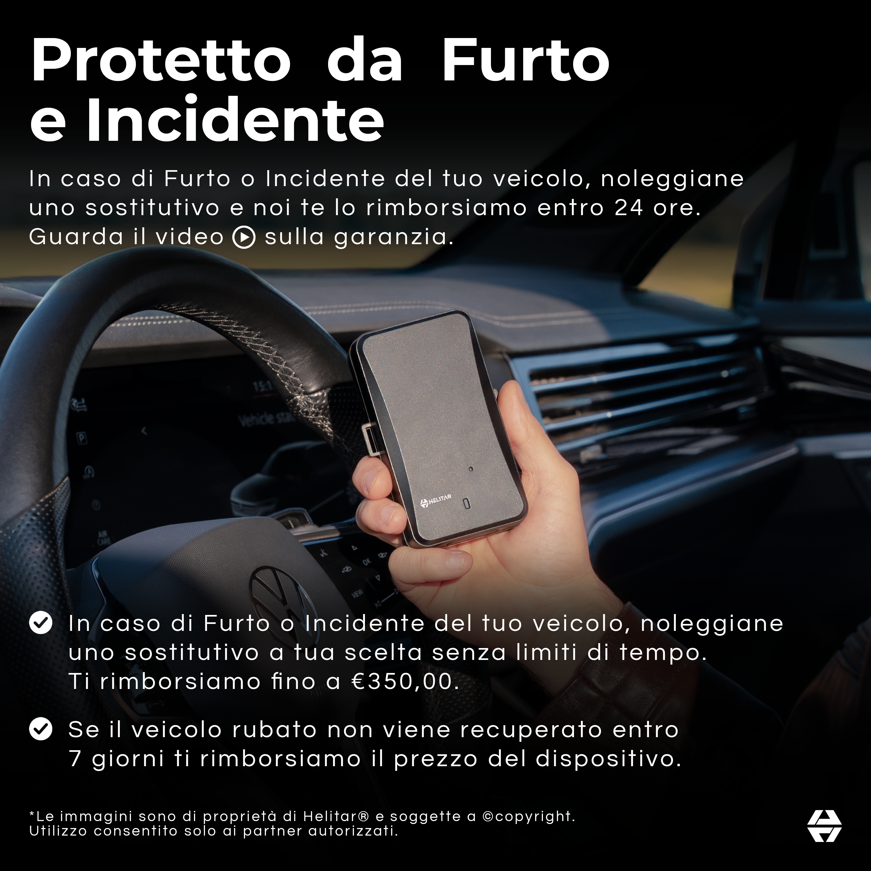 Una mano tiene un dispositivo Helitar grigio in auto. Testo sulla protezione contro il furto.