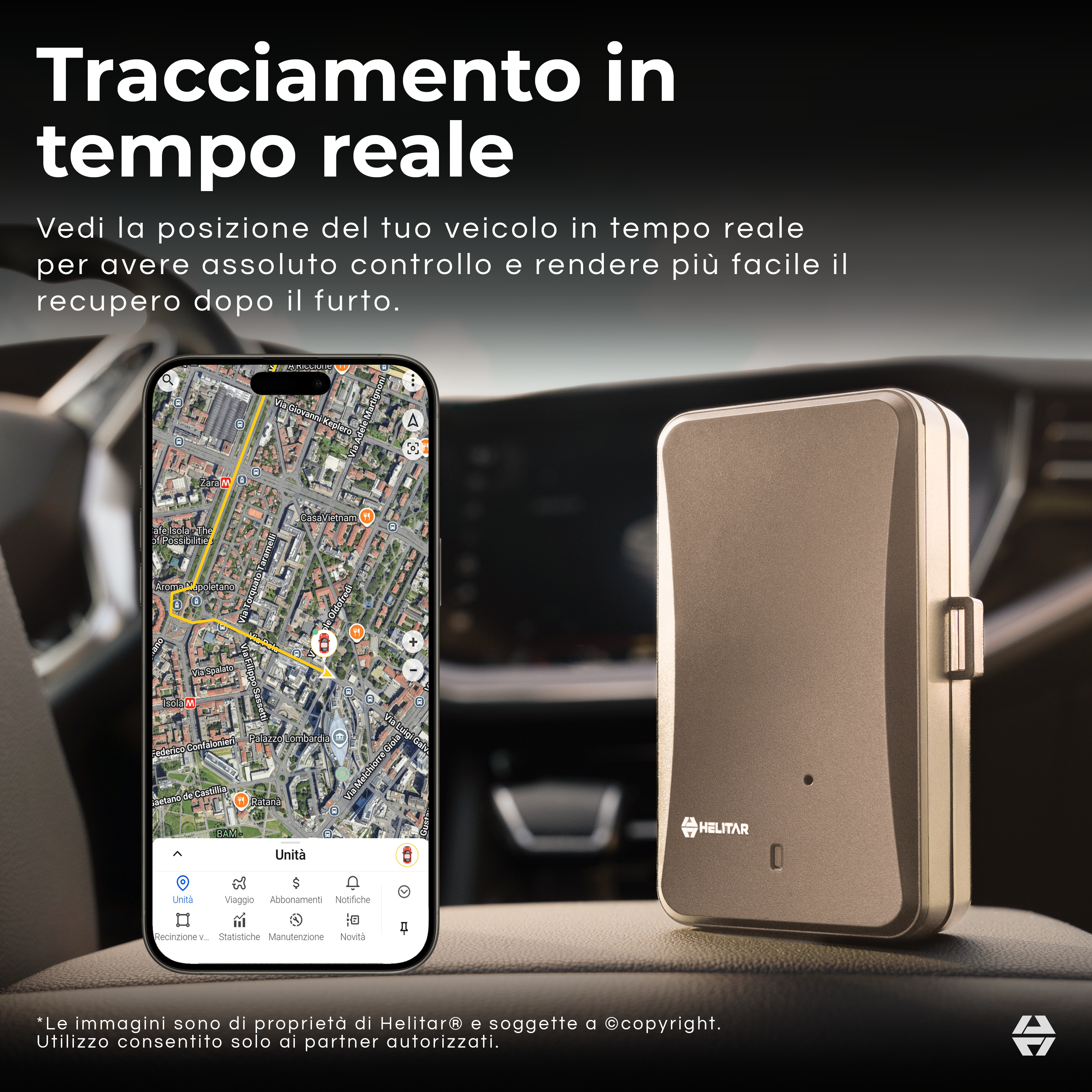 Un localizzatore GPS e uno smartphone con mappa in un'auto.