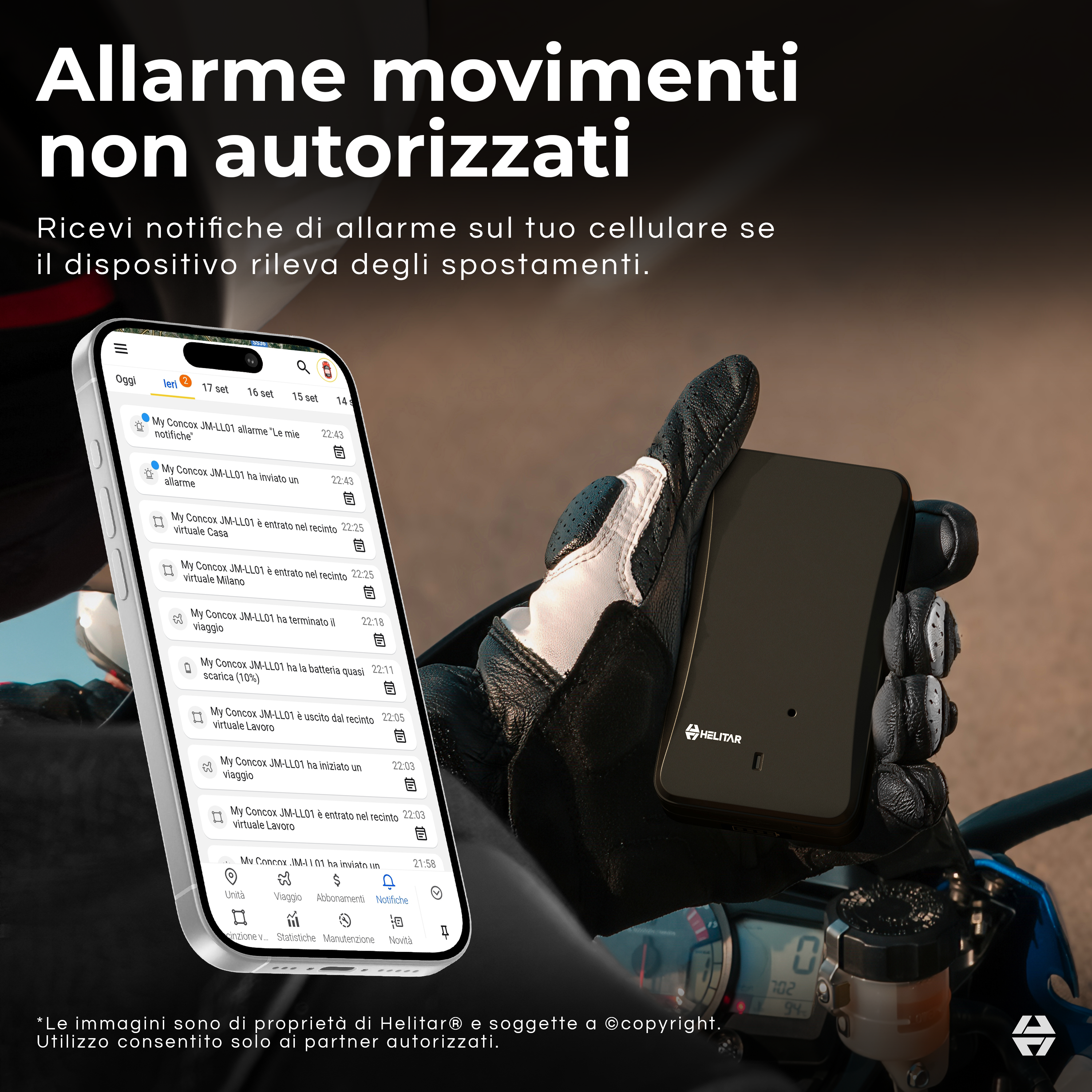 Un telefono mostra allarmi di movimento non autorizzati. Un dispositivo di tracciamento è visibile.