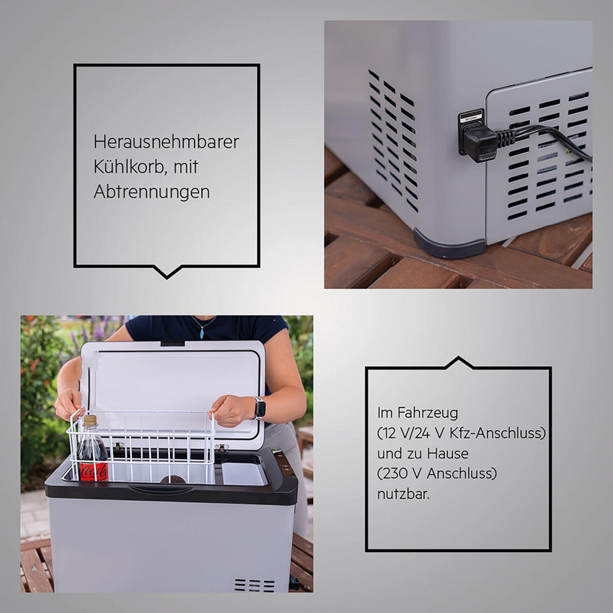 Ein Kühlbox-Set mit Korb, USB-Anschluss und Text zu Anschlüssen.