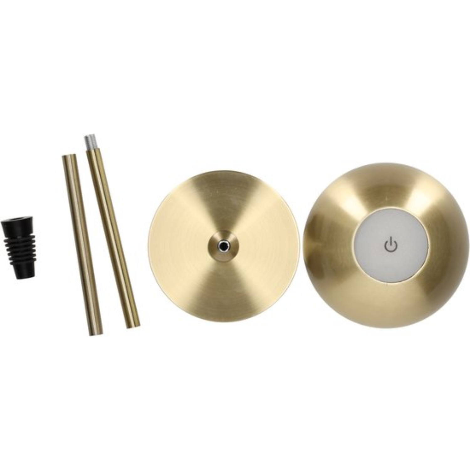 Parts of a brass lamp: rods, base, and lamp head with power symbol.
