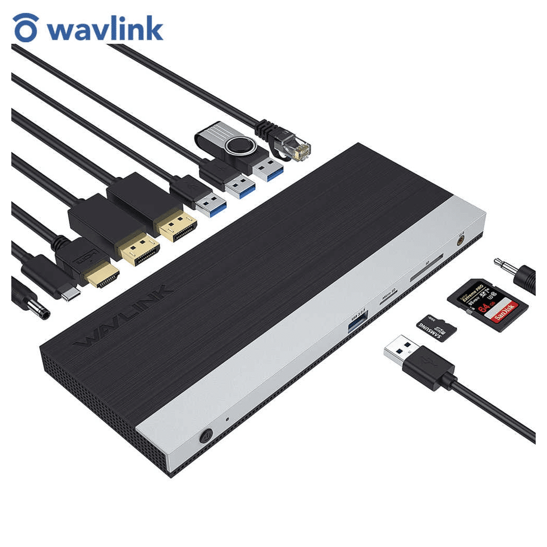 Wavlink docking station met meerdere poorten, kabels en geheugenkaarten.