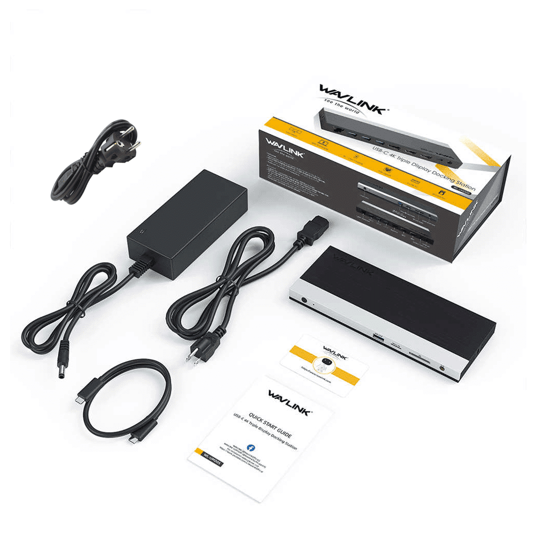Wavlink docking station, voedingsadapter, kabels en handleiding op witte achtergrond.