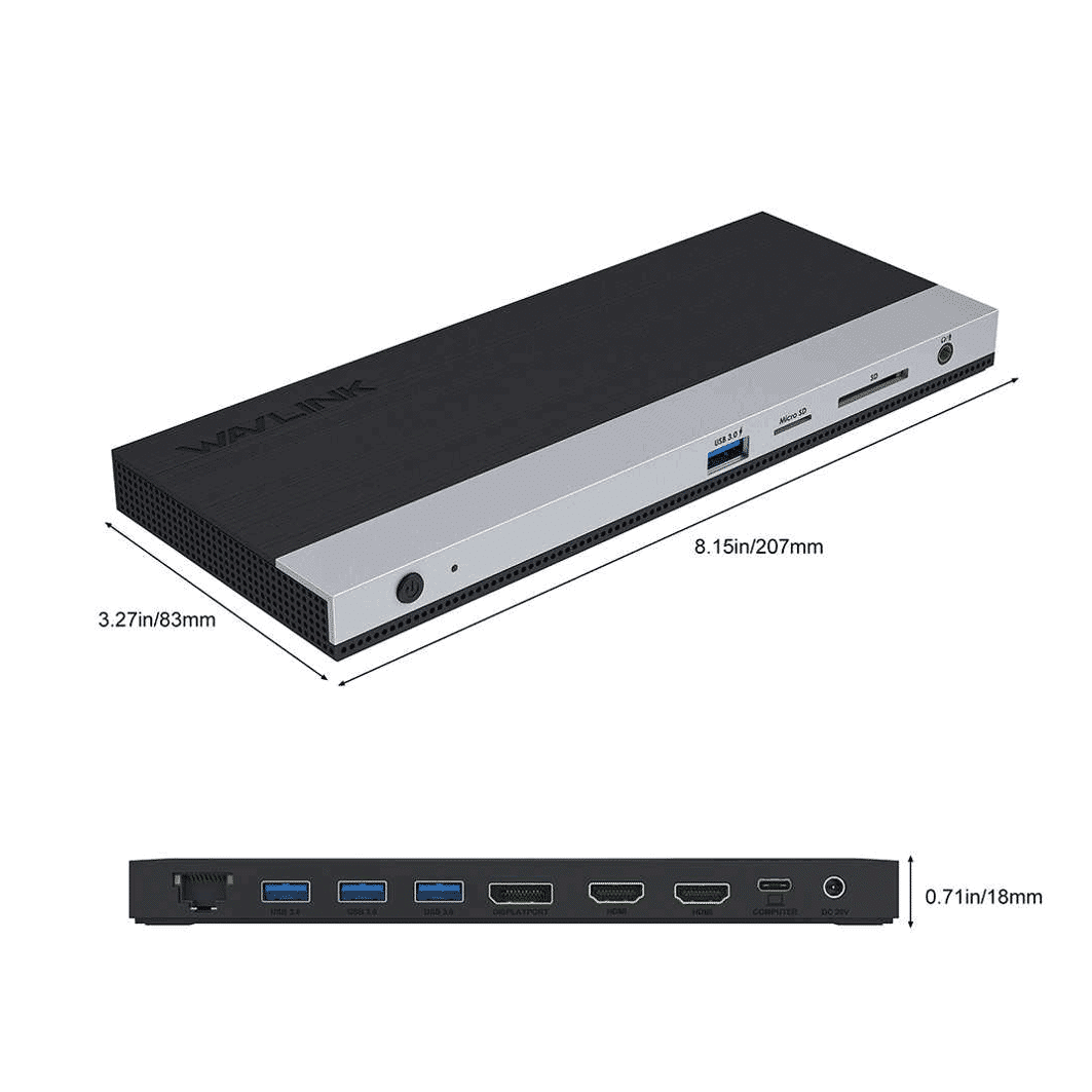 Zwart en zilver Wavlink docking station met meerdere poorten en afmetingen.