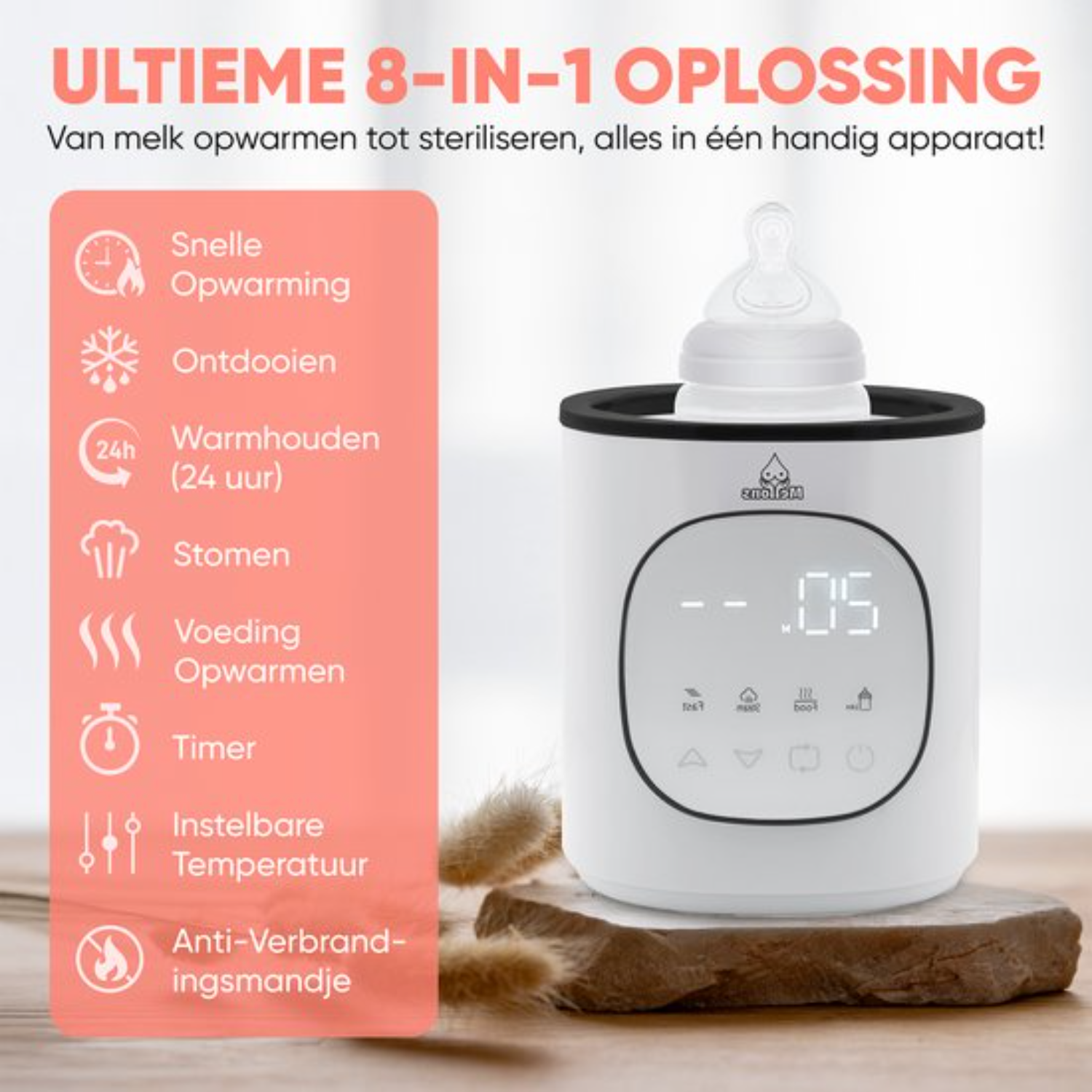 Een witte flessenwarmer met babyfles en digitaal display, naast een lijst met functies.
