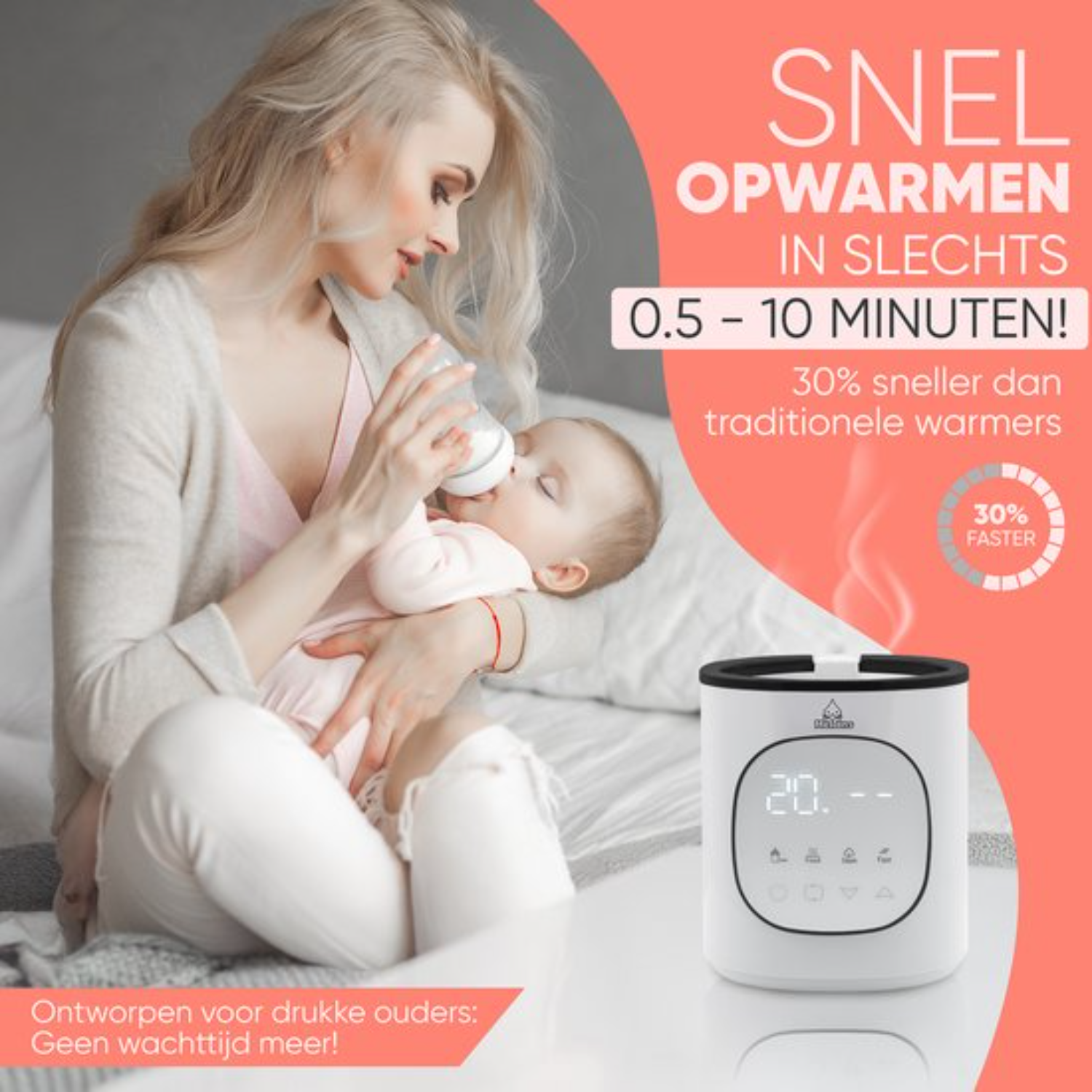 Moeder voedt baby met fles naast snelle flessenwarmer met weergave 20.
