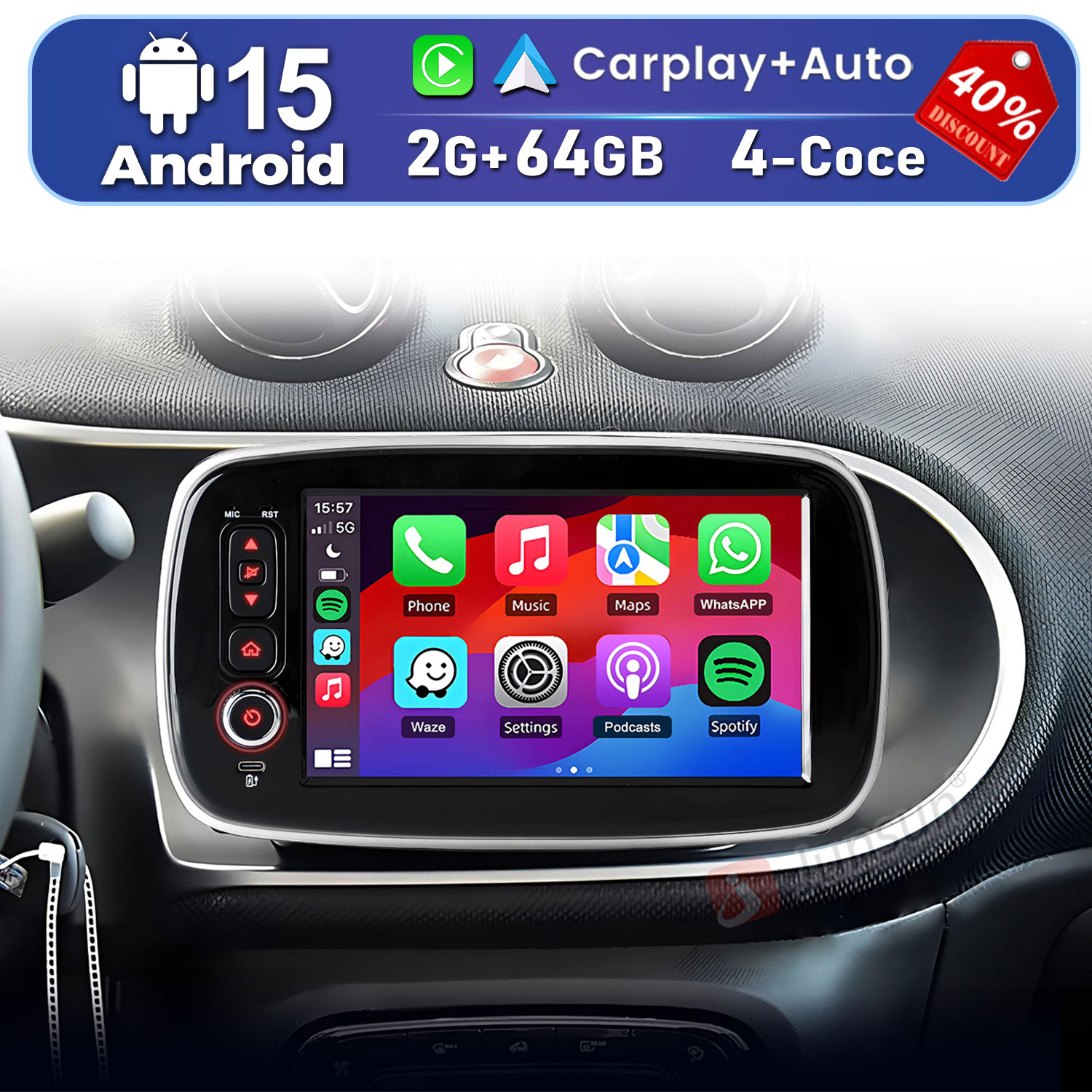Schermo infotainment auto con Android 15, CarPlay, Auto, 2G+64GB. Mostra app come Telefono, Musica, Mappe, WhatsApp, Waze, Spotify.