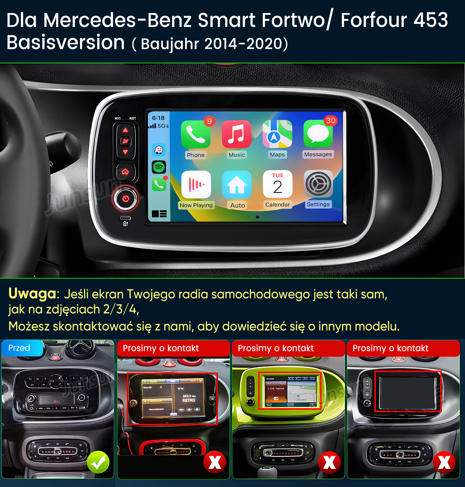 Ekran multimediów Smart Fortwo/Forfour 453 z interfejsem Apple CarPlay.