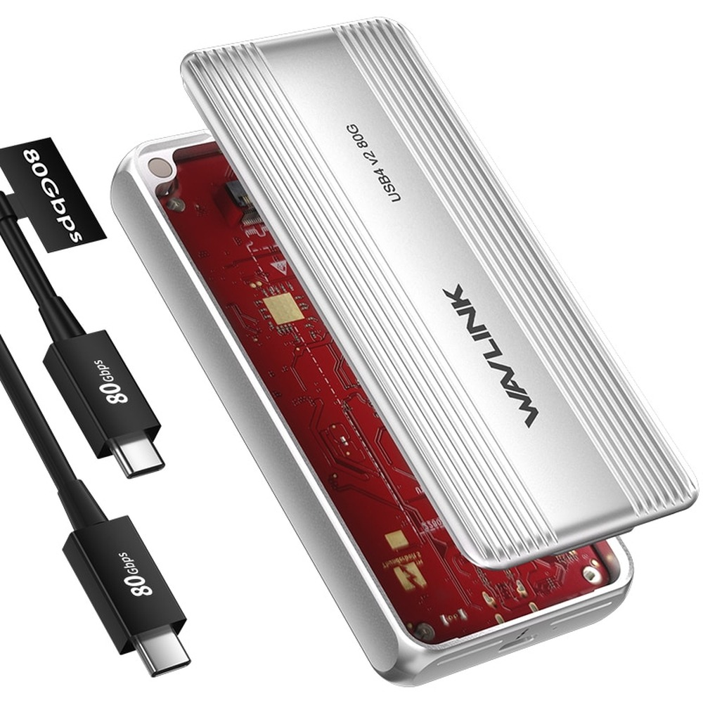 Zilveren USB4 V2 80Gbps behuizing met rode printplaat en twee zwarte kabels.