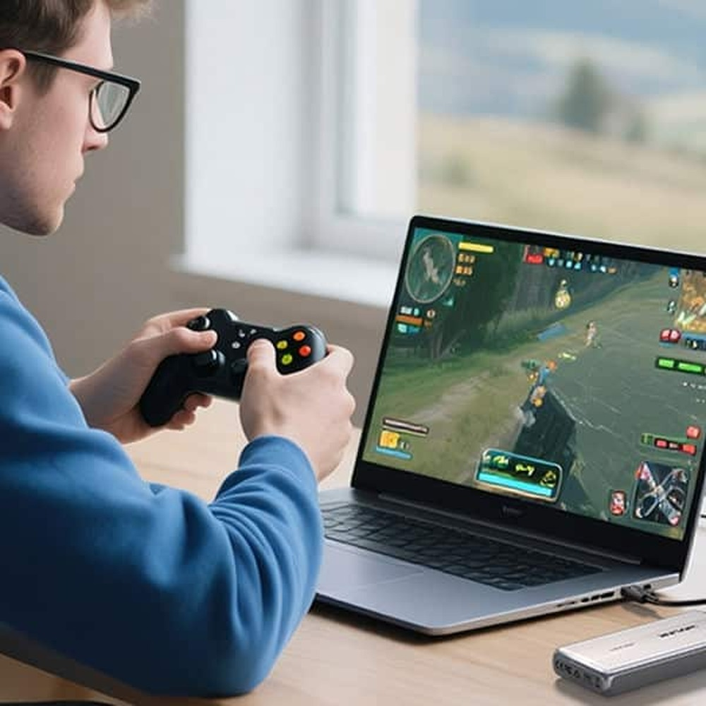 Man speelt videogame op laptop met controller; externe batterijpakket ernaast.