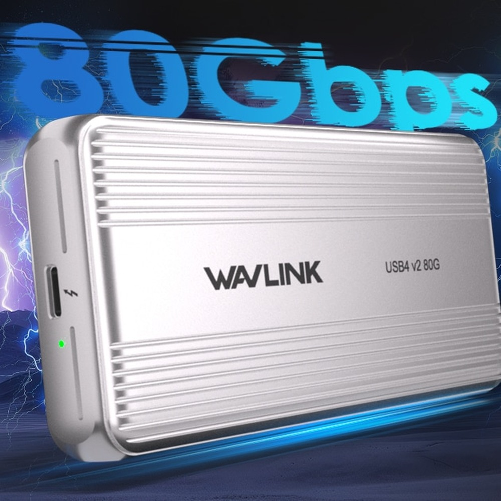 Zilveren WAVLINK USB4 80G behuizing met bliksem achtergrond.
