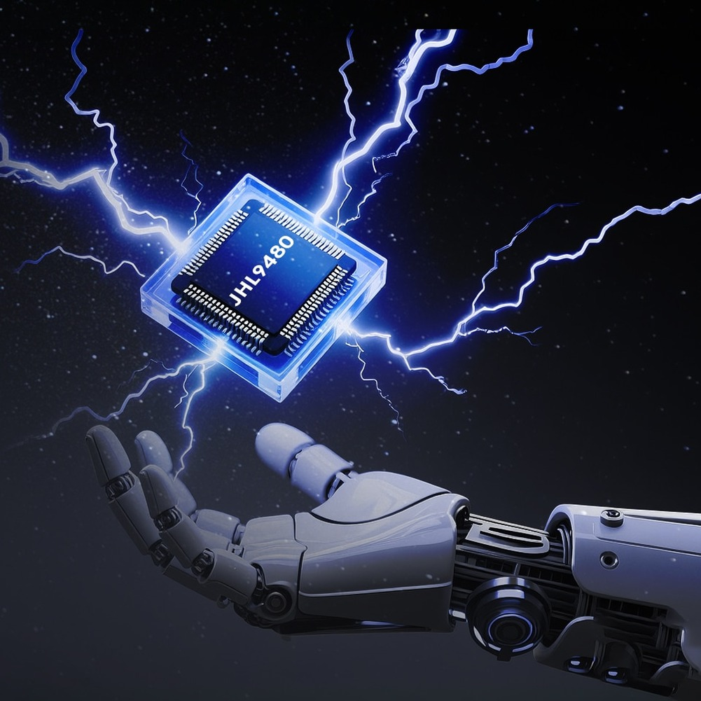 Een robotarm houdt een gloeiende chip vast, omringd door bliksem.