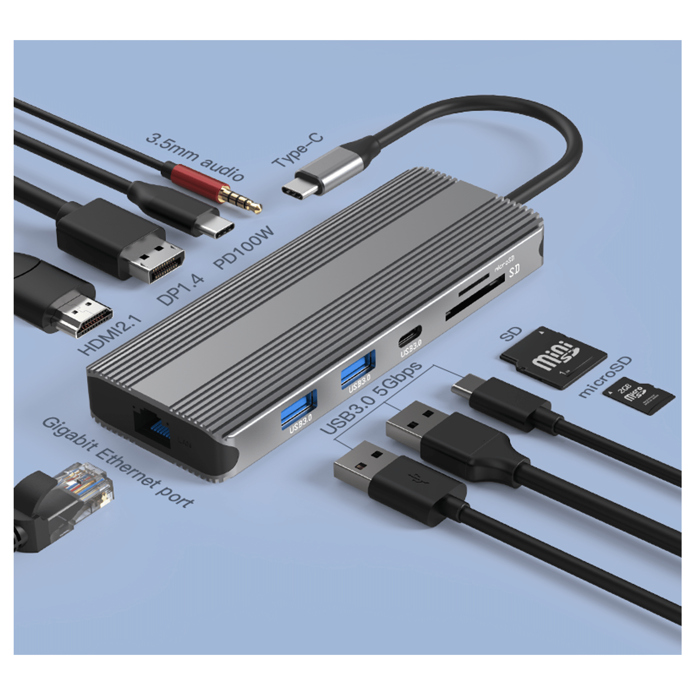 Silver USB-C hub with HDMI, DP, USB 3.0, Ethernet, SD/microSD card reader ports.