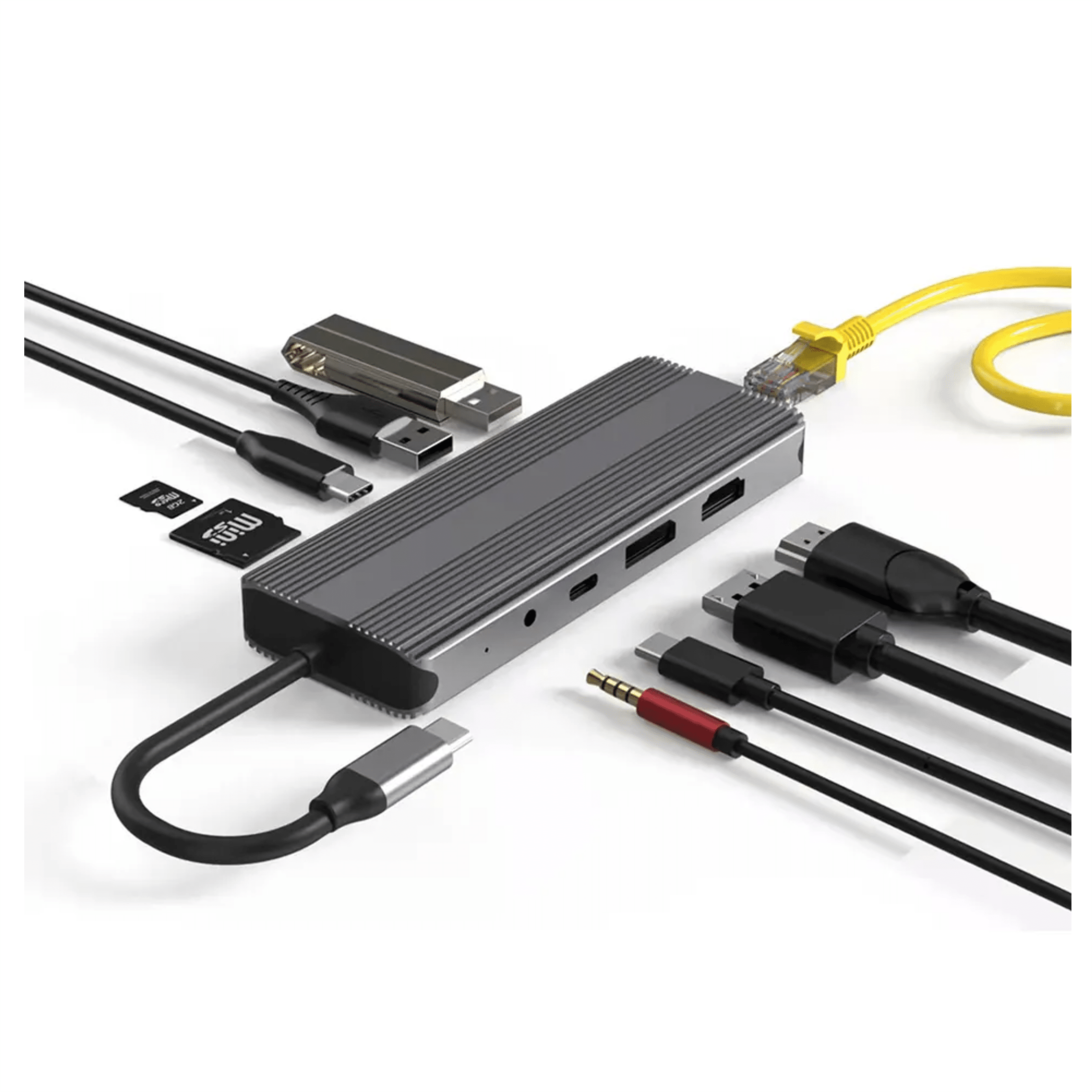 Gray USB-C hub with multiple ports and cables, SD cards, and Ethernet cable.