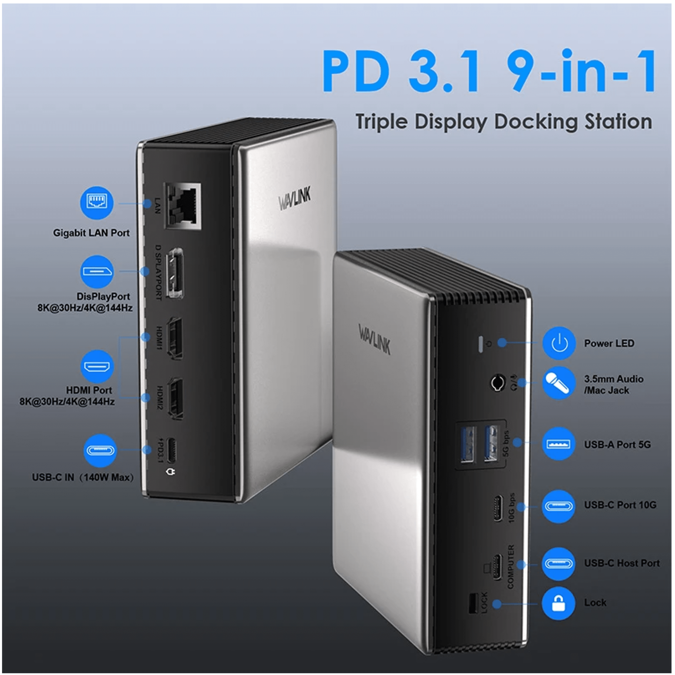 Twee zilverkleurige docking stations met poorten en labels, PD 3.1 9-in-1.
