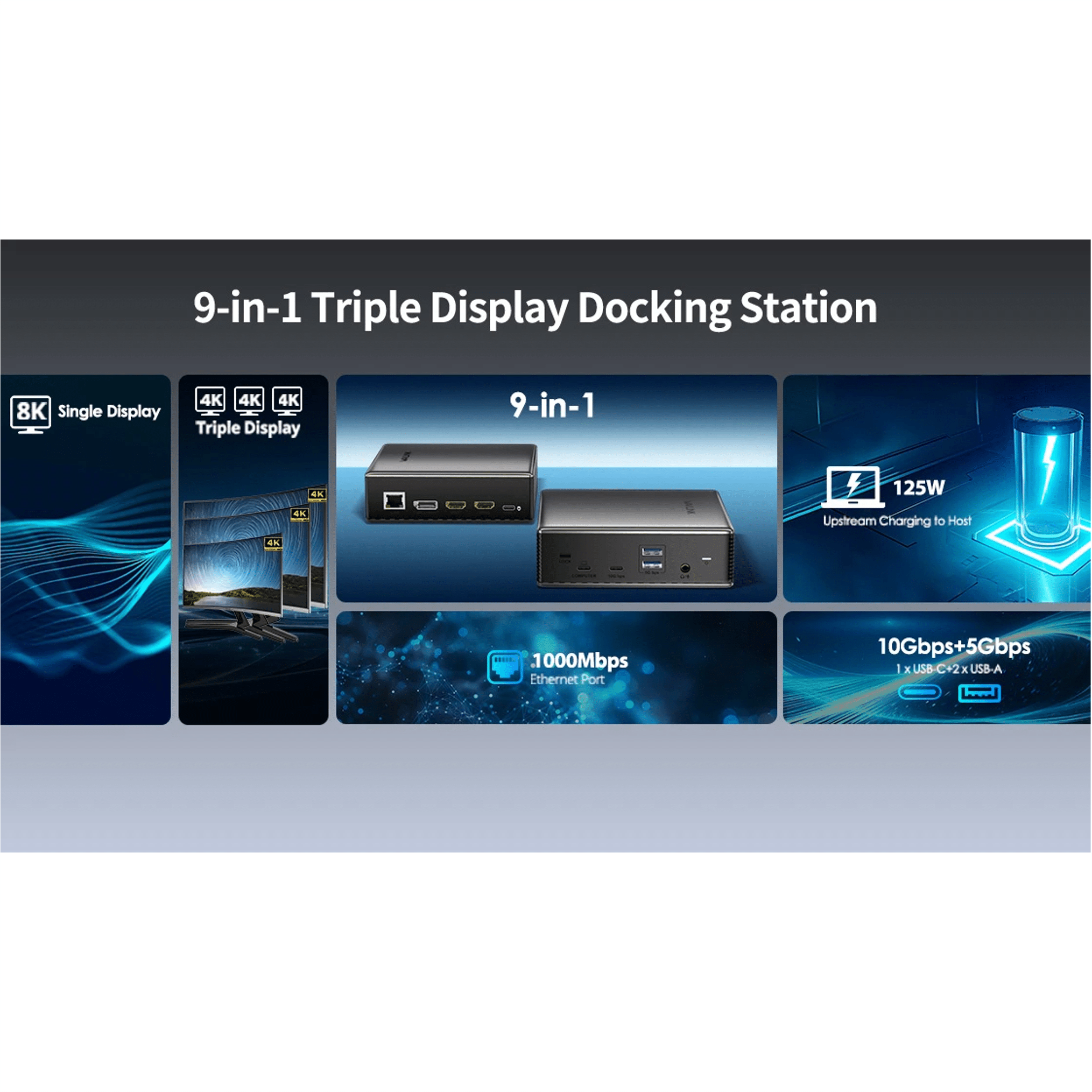 9-in-1 docking station: 8K single, 4K triple display, 125W charge, Ethernet, USB.